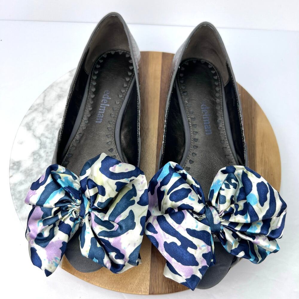 Libby Edelman Kendra Flats Ballet Pewter Blue Bow Snake Skin Slip On Shoes 9.5